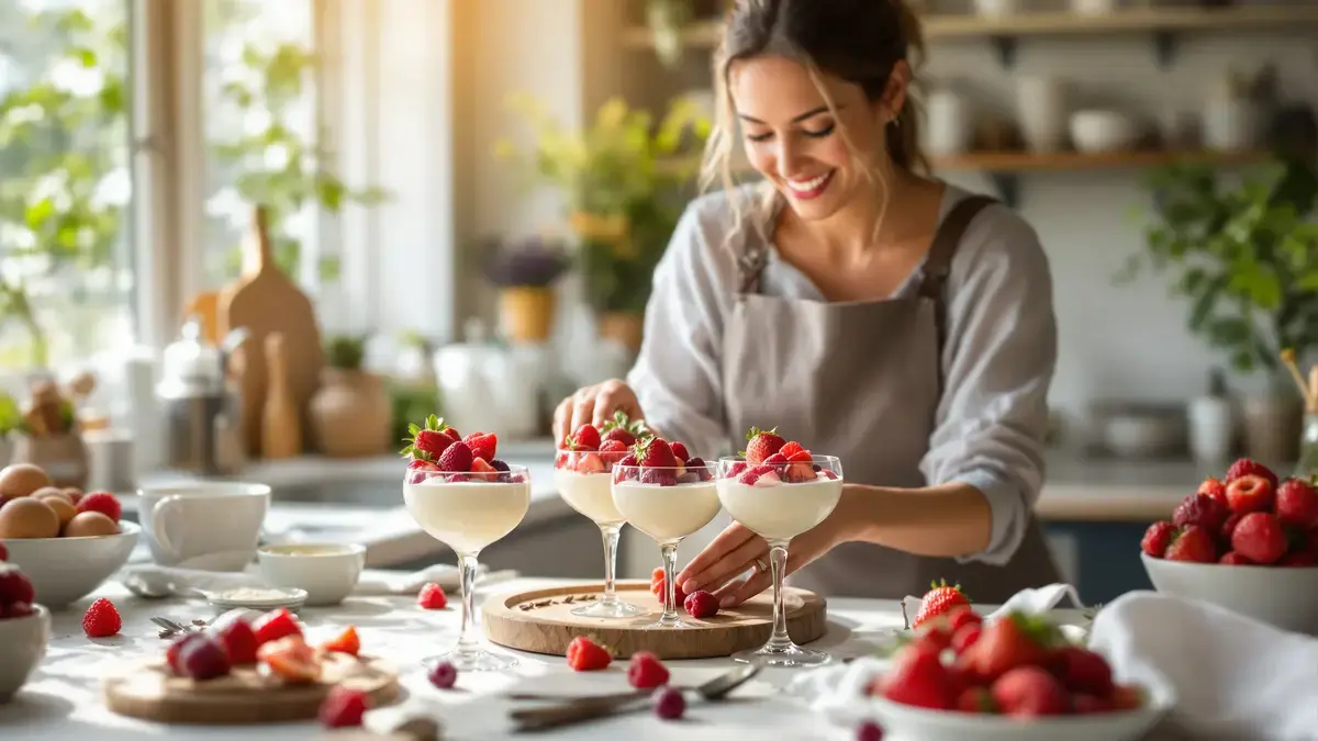 Lichte panna cotta met rood fruit in glaasjes romig fris en gemakkelijk te maken